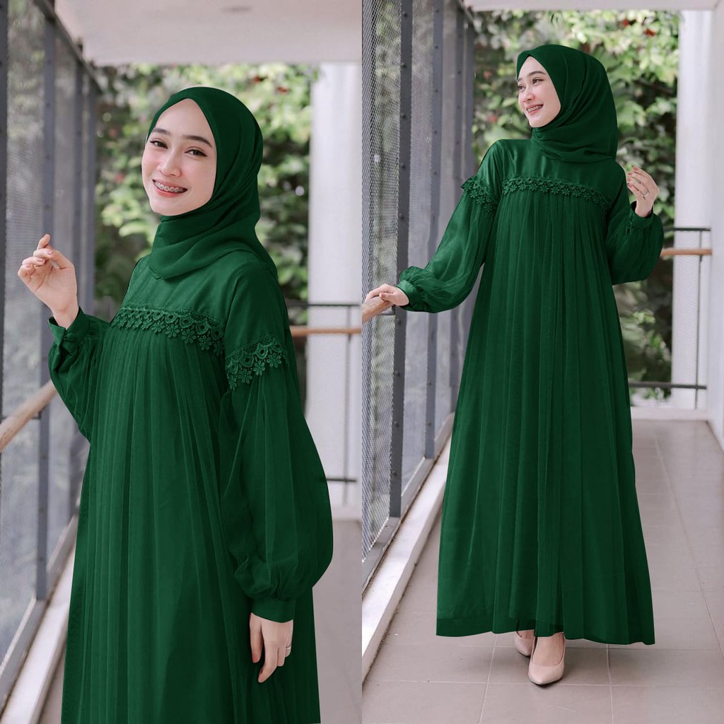 MAXI DRESS PANJANG NURAINI | GAMIS MUSLIM MURAH PEREMPUAN BROKAT TILE CANTIK RENDA IMPORT TERBARU-7