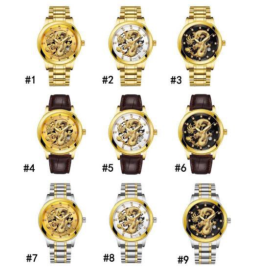 Luxury Jam Tangan Pria 3D Gold Dragon Quartz Perhiasan Stainless Steel Watch