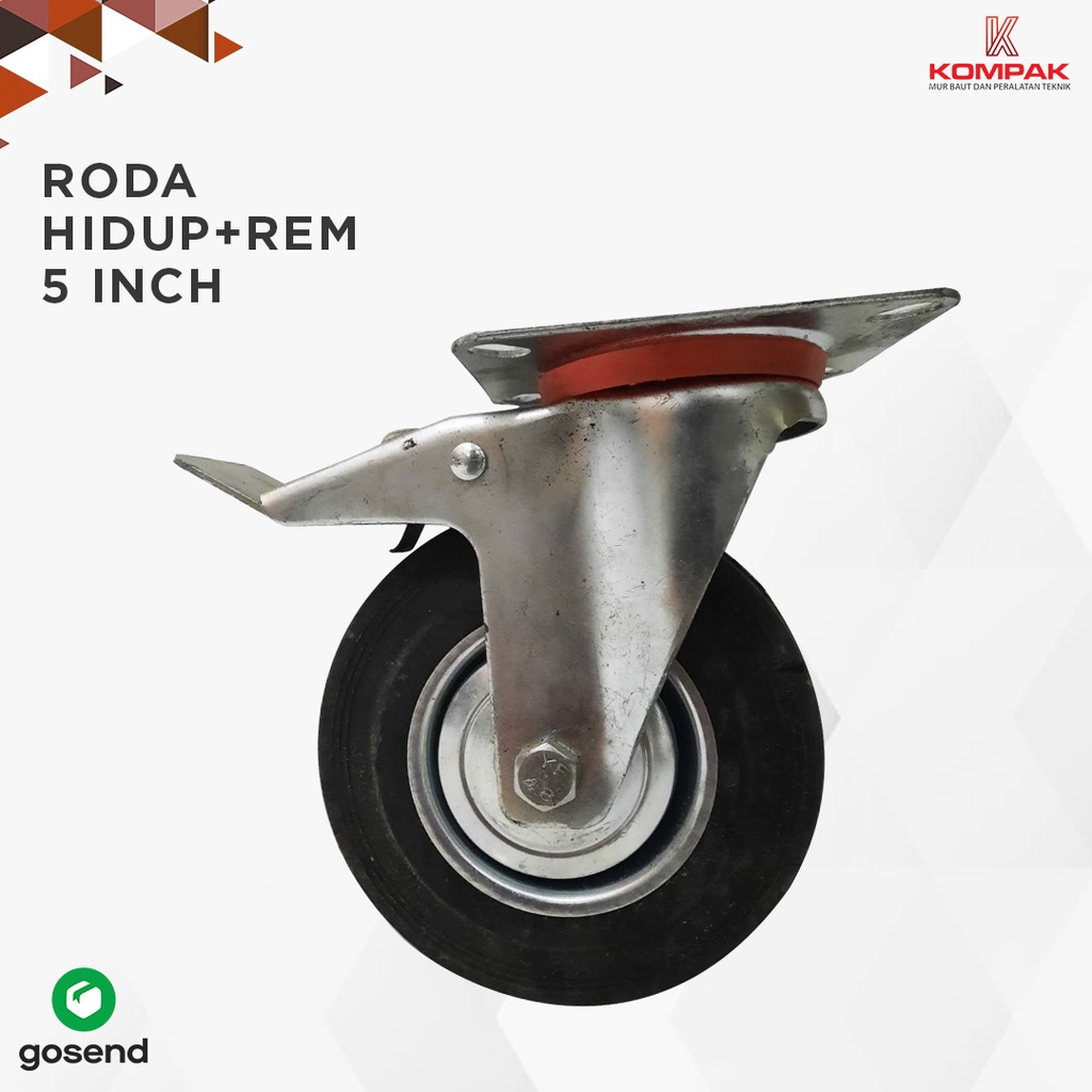 Roda karet 5" hidup+rem / roda troly 5" hidup+rem / roda Caster 5" rem
