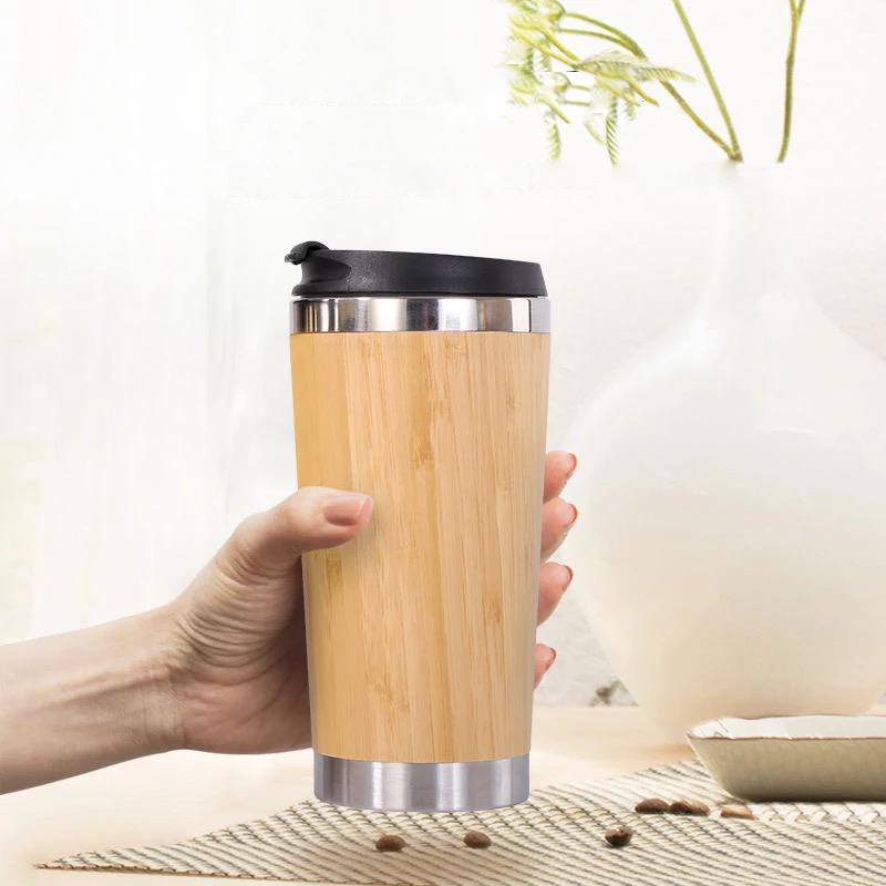 tumbler botol minum bambu 450ml / bamboo coffee cup travel stainless steel / natural mini thermos cup bamboo