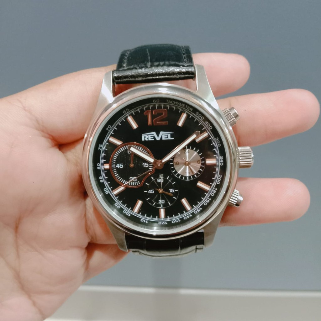 JAM TANGAN PRIA REVEL BC5612 SILVER BLACK LEATHER ORIGINAL