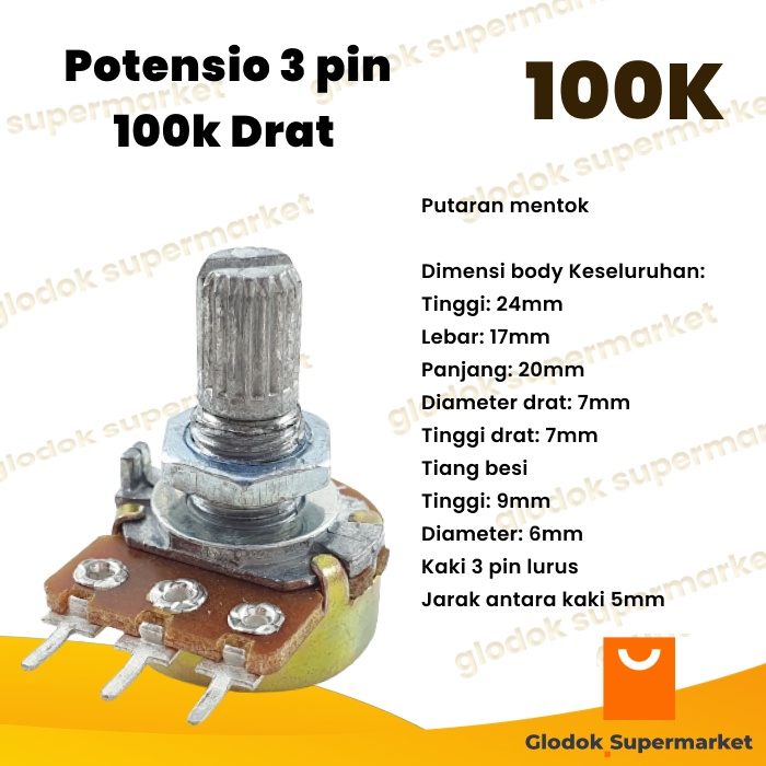 Potensio 3 pin 100k Drat Mono Kaki 3 Lurus Potentio Meter 104