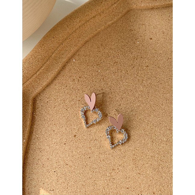 LRC Anting Tusuk Fashion Pink 925 Silver Needle Heart Flash Diamond Earrings D89771
