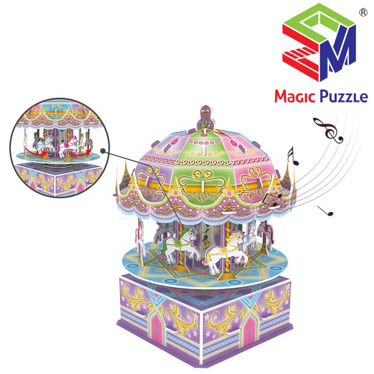 3D Puzzle Carousel / Komedi Putar + Lampu + Musik + Bisa Putar - Music Box