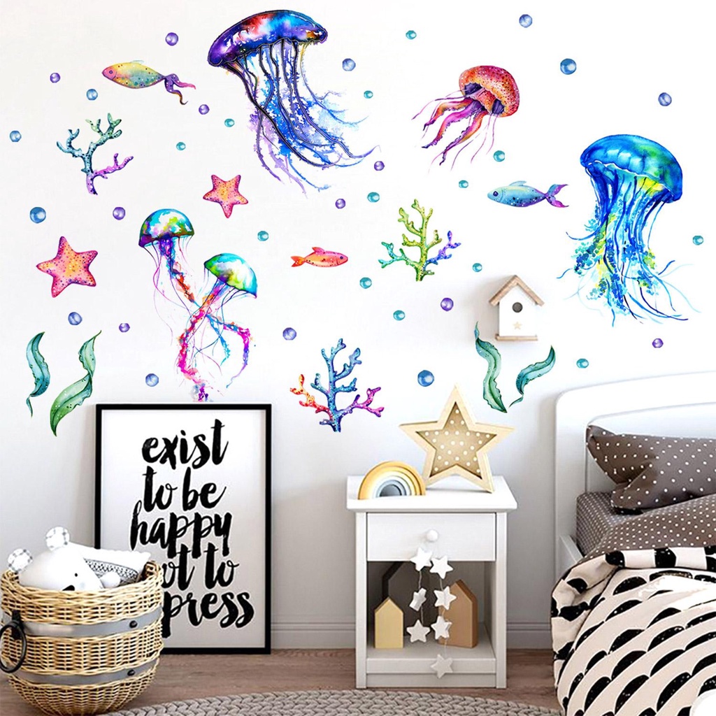 R-flower Ocean Jellyfish Wall Stiker Kamar Tidur Anak Rumput Laut/Bintang Laut/Gelembung Vinyl Bawah Laut Dekorasi Rumah