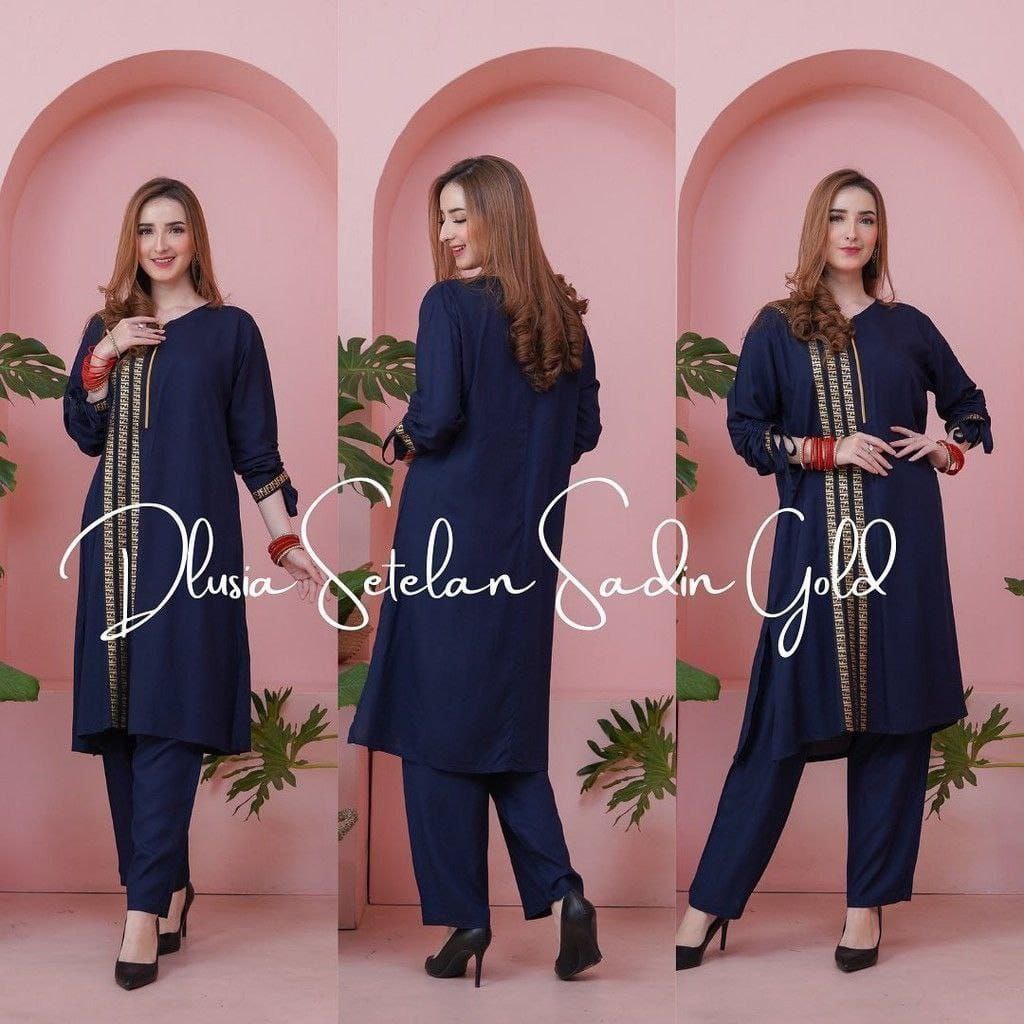 Dlusia Setelan Sadin Gold - One Set Wanita Tunik Renda Jumbo Rayon Premium Setelan Wanita Lengan Pendek Set Baju Muslim Kekinian LD  125 cm