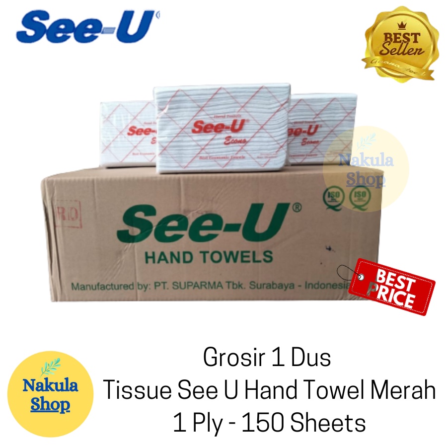 GROSIR 1 DUS Tissue See u Hand Towel Merah 150 Sheets - 20 Pack