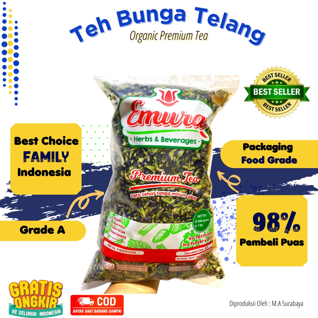 BUNGA TELANG ORGANIK 1 Kg/Teh Bunga Telang Kering/Teh Biru/ Butterfly Pea / Obat Asma