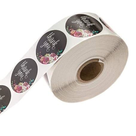 Paper Tags - 1&quot; Floral Round Kraft &quot;Thank You&quot; Sticker #01 (10 Pcs)