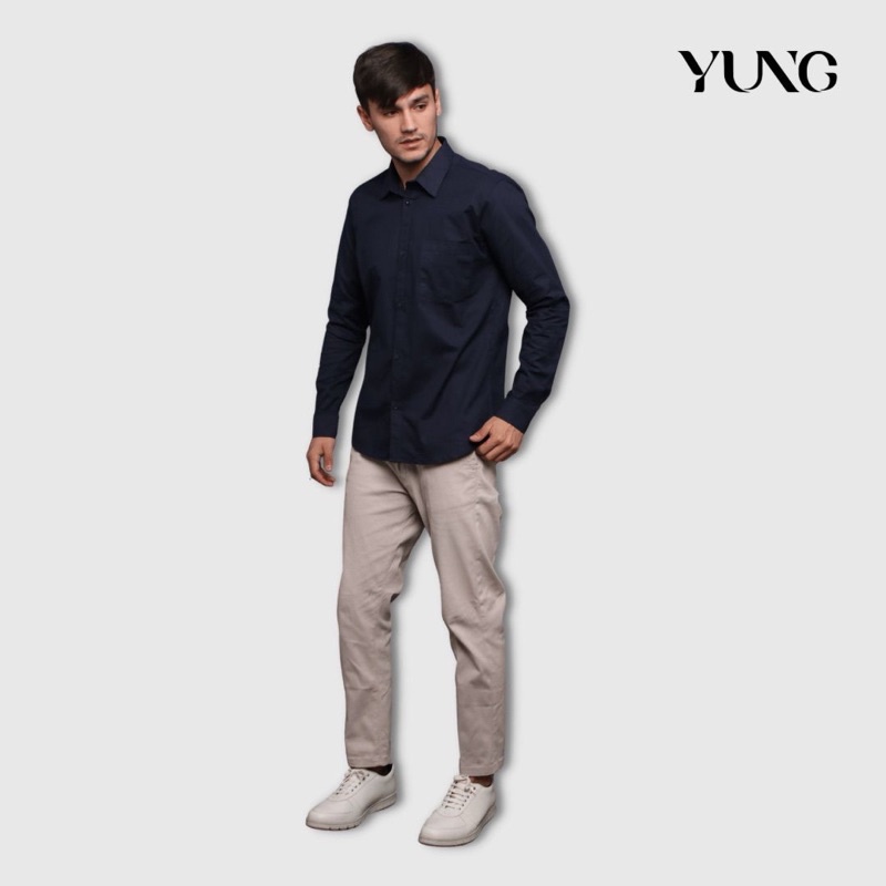 YUNG Kemeja Pria Basic Polos Panjang Poplin Stretch