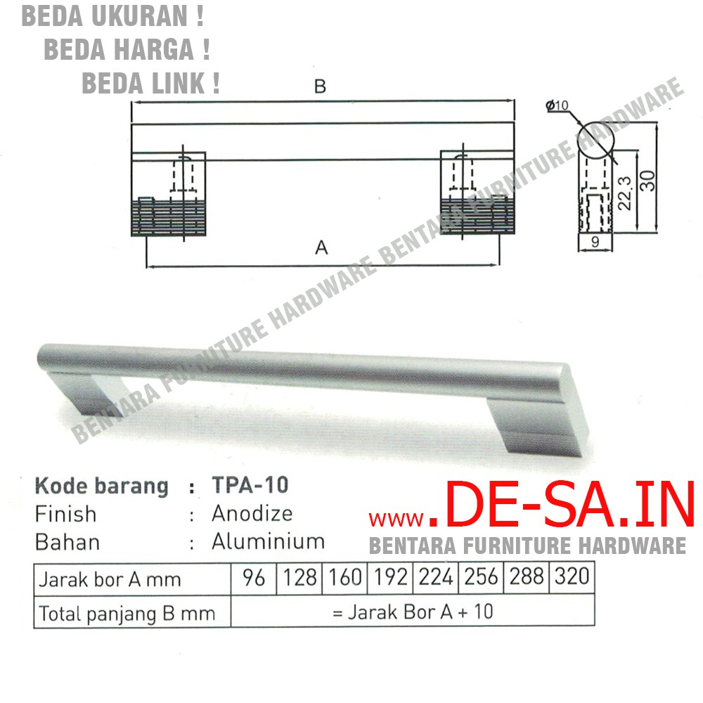 Huben TPA-10 256 MM - TARIKAN LACI MEJA LEMARI KABINET GAGANG PINTU Handle Aluminium Anodize (Sekitar 25 - 26 - 27 cm )  (TPA-2010)