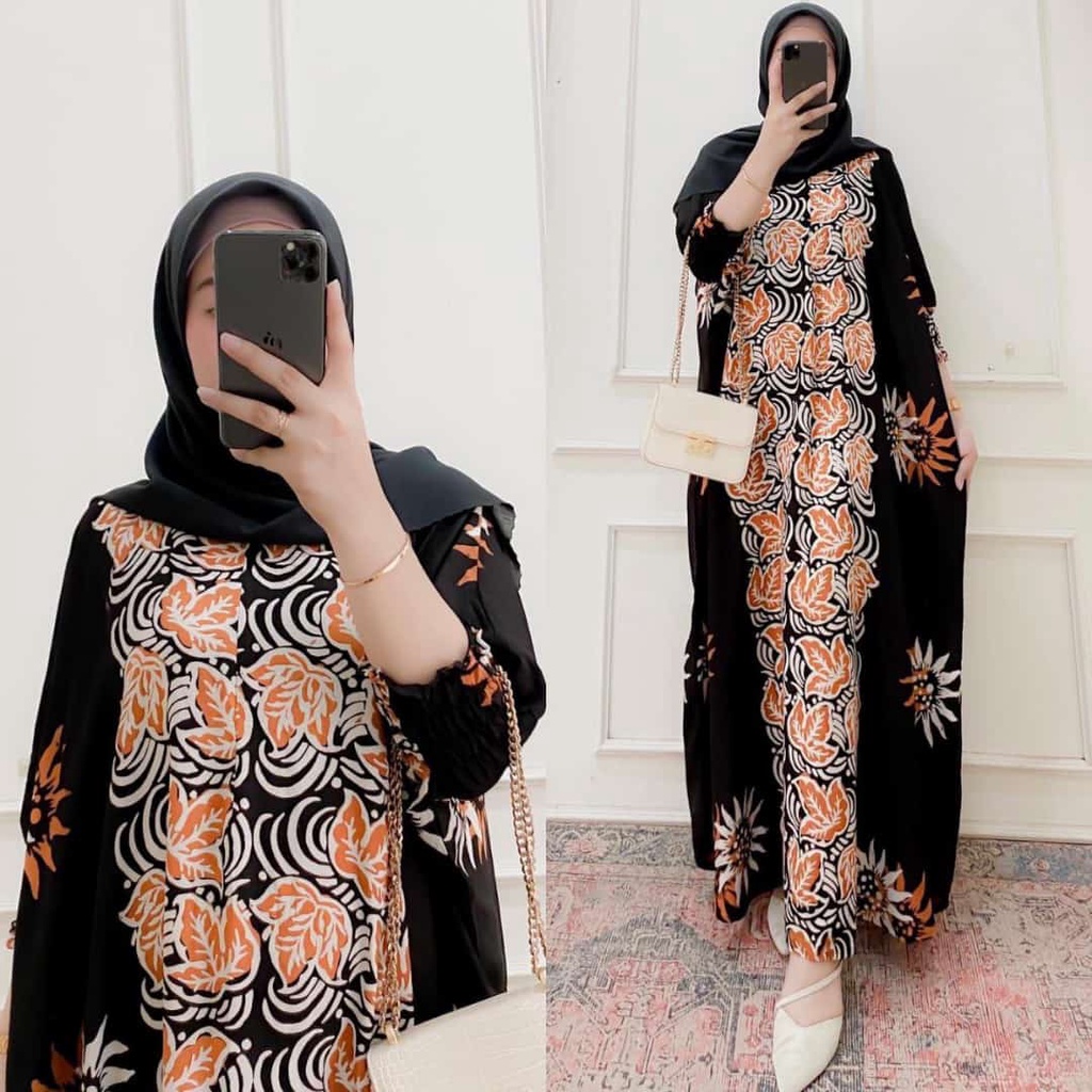 Batik A W - Lestari Kaftan Batik Wanita Jumbo XXXXL Motif Cap Sogan Busui Resleting Lengan 3/4 Rayon Tebal Gamis Rayon Jumbo Kaftan