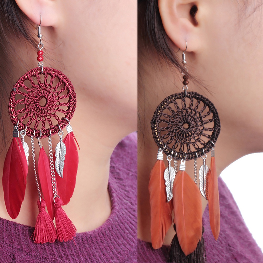 Hu Hu Hu Hu Hu Alat Bantu Pasang Kacamata♡ Anting Kait Gantung Panjang Wanita Desain Dream Catcher Etnik Hias Rumbai