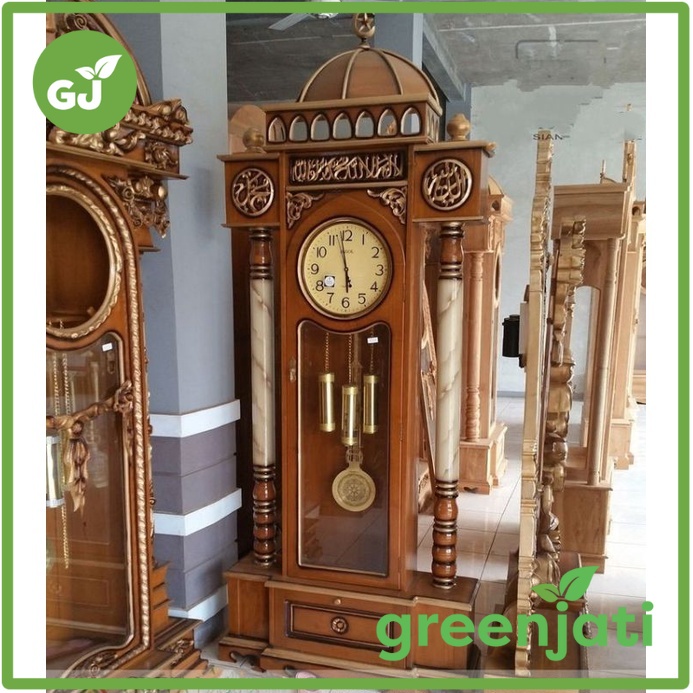 Greenjati Lemari jam hias model kubah kayu jati + bandul jam