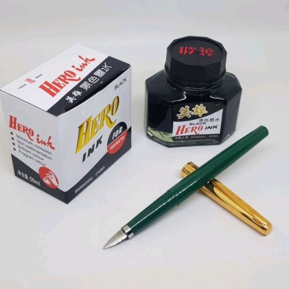 

PAKET SIAP PAKAI..FOUNTAIN PEN HOVER GREEN NIB FINE 0,3MM + TINTA HERO INK BLACK 50ML ISI ULANG . PEN. PULPEN PENA