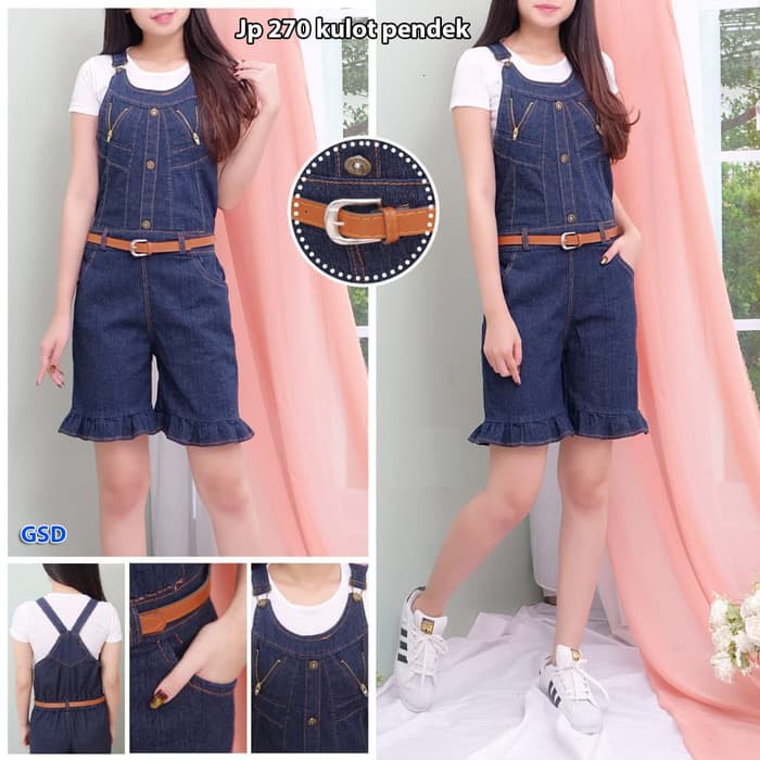 Jumpsuit Celana Jeans Pendek + Iner + Belt Baju Kodok Remaja Ke RV667 Sally Overall Celana
