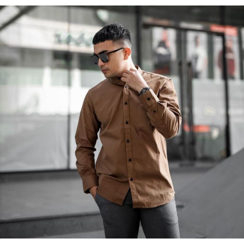 Kemeja Polos Pria Ciangi Lengan Panjang Kerah Sanghai Lacos Size M L XL XXL - Kemeja cotton pique sl