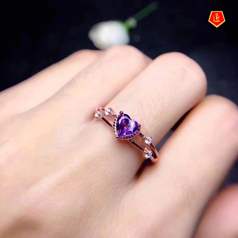 [Ready Stock]Simple Fashionable Rose Gold Purple Crystal Heart-Shaped Ring