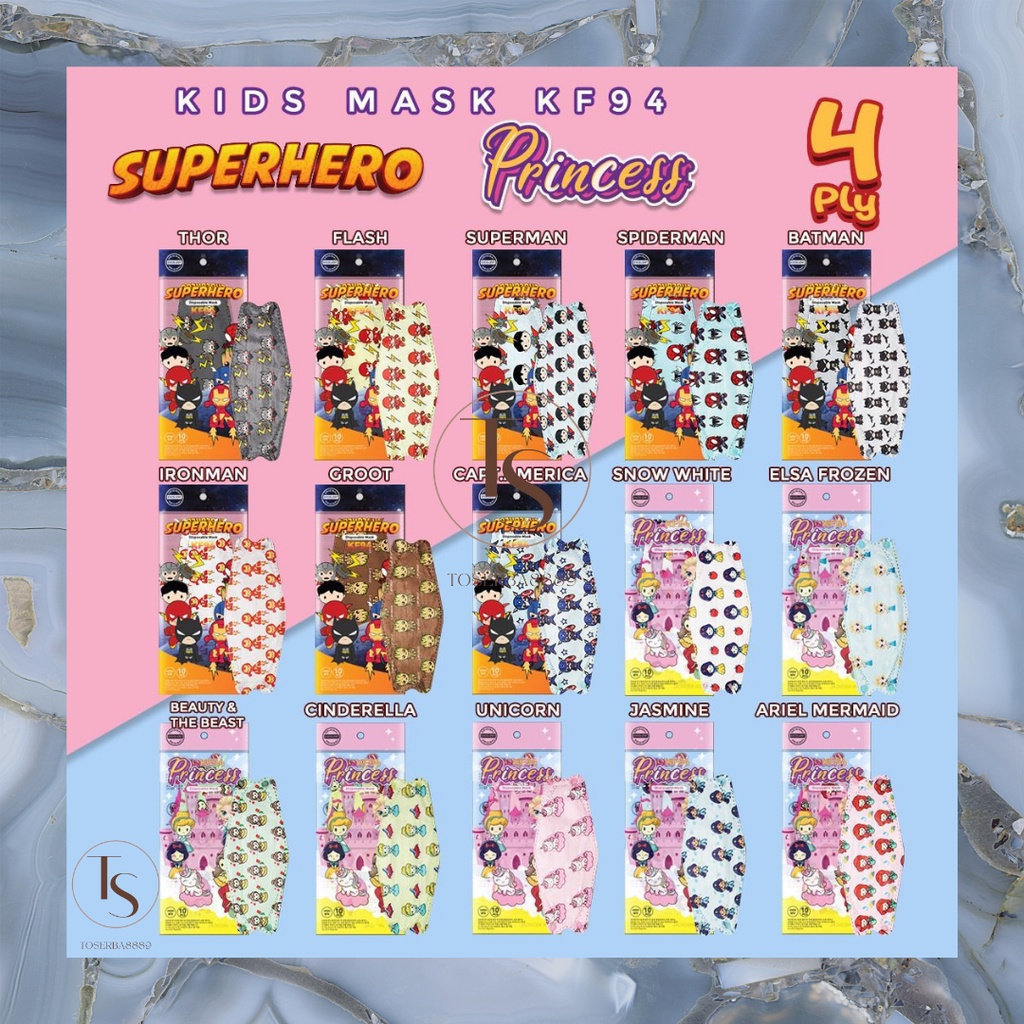 MASKER KF94 ANAK MOTIF SUPERHERO &amp; PRINCESS MASKER KF94 ANAK MOTIF WARNA ISI 10 PCS