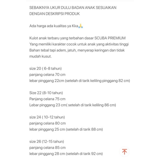 SHAKILA kulot anak Scuba celana anak perempuan usia 6-15 bahan Scuba tebal jatuh menyerap keringa super nyaman