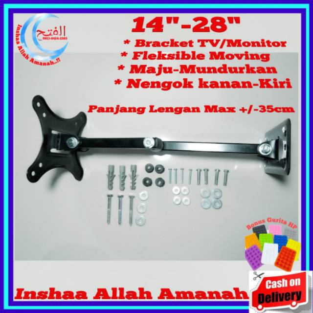 Bracket Monitor / TV model lengan 14 sampai 28 inch 6 arah Kokoh bisa maju mundur