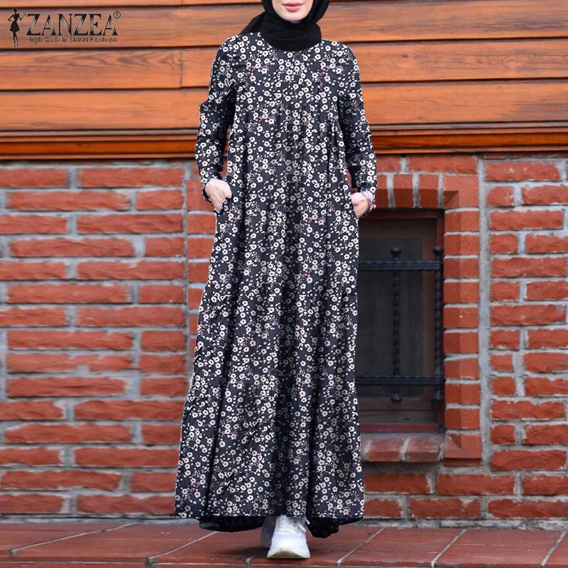 ZANZEA Women Full Sleeve Vintage Back Zipper Printed Muslim Long Dress