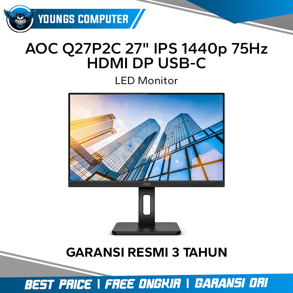 Monitor LED AOC Q27P2C 27&quot; IPS 1440p 75Hz HDMI DP USB-C USB Port VESA