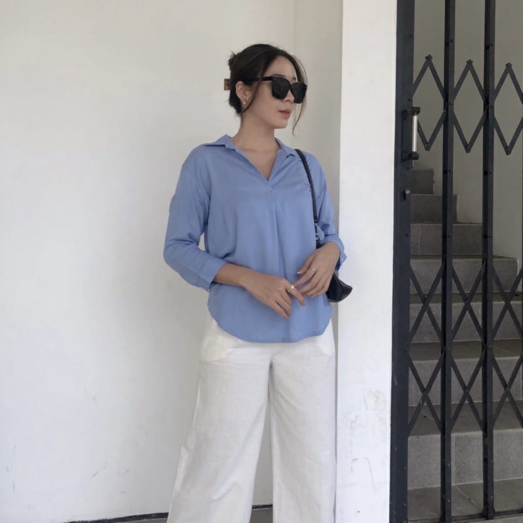 BEFAST - ZEC OOTD Kemeja Wanita ALISA / Sarra Vneck RAYON DIAMOND Shirt / Kemeja Wanita Terbaru 2022 / Atasan Lengan Panjang / Kemeja Leher V / Pakaian Wanita Modis / Kemeja Polos Casual / Termurah / Kemeja Bnayak Warna / Best Seller