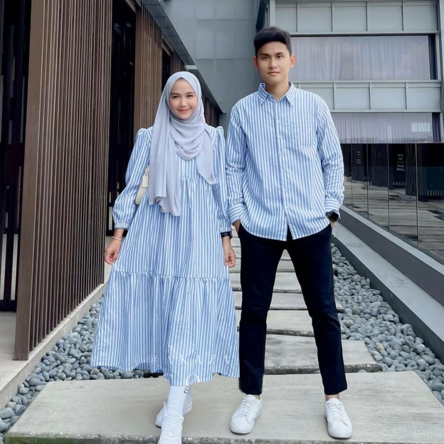 Kemeja Dress Couple Pasangan Kekinian Remaja Salur Hem Maxi Cowok Cewek Terbaru Katun Bibi