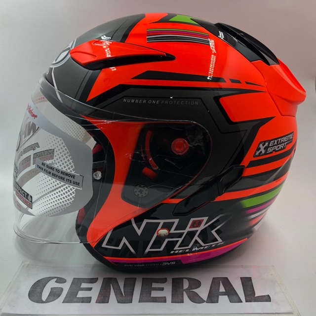 Helm NHK R1 Motif Rainbow Orange Fluorecent Silver Orange Flo Stabilo Double Visor Half Face