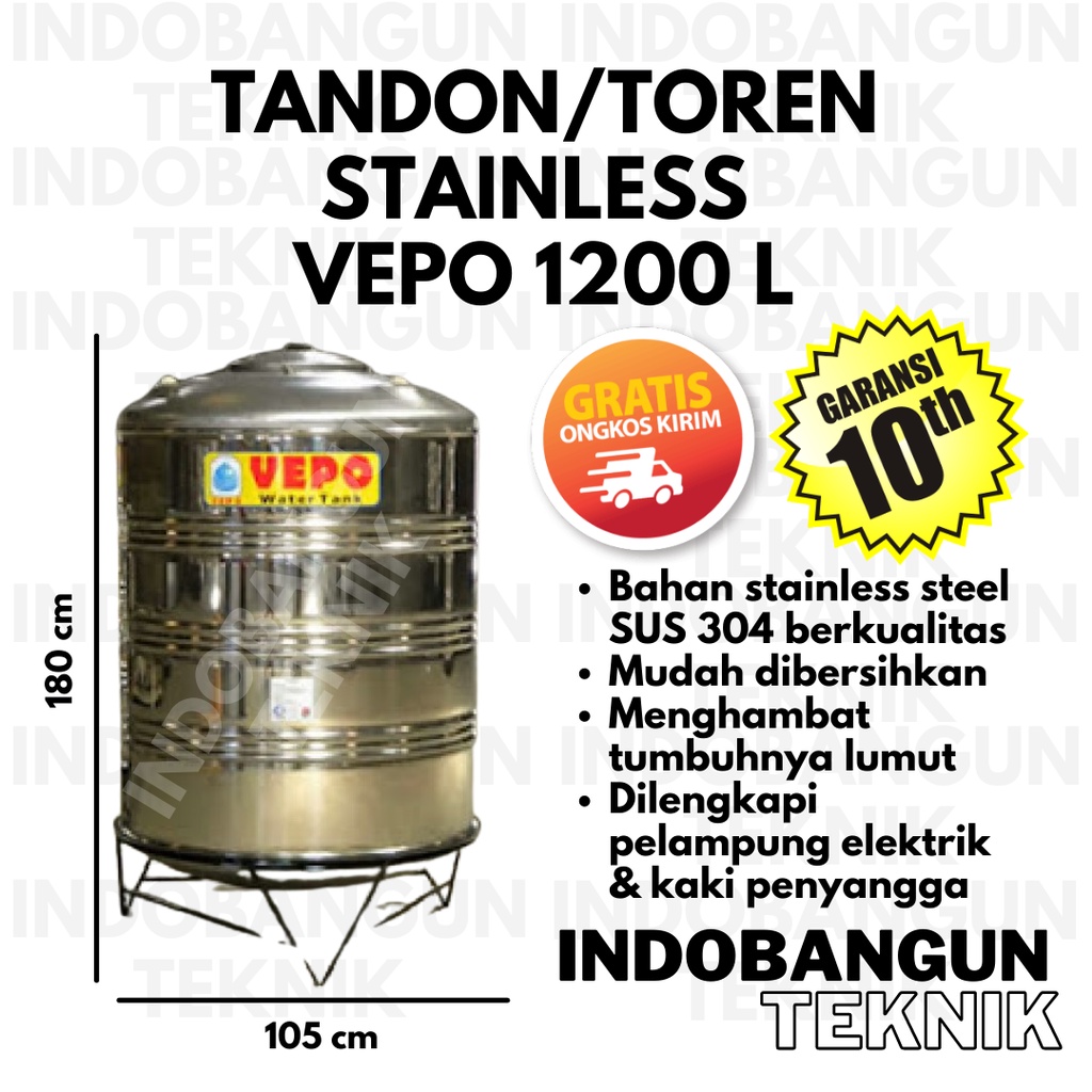 Tandon Air Toren Air Tangki Air Stainless Vepo 1200 Liter Harga Murah Stenlis Stainles Steel Anti Lumut Garansi 10 Tahun Kuat Tahan Lama