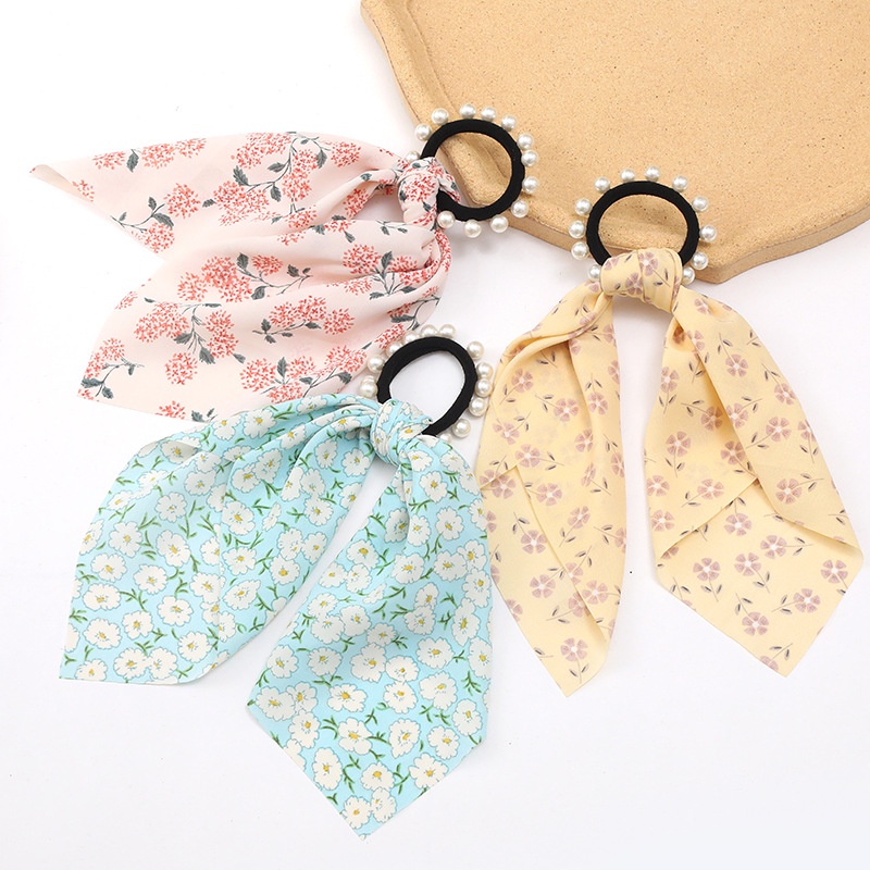 Ikat Rambut Mutiara Pita Satin Kuncir Korea Mutiara Scrunchie Jurai Panjang Pearl Silk Scarf Ribbon Hair Ring