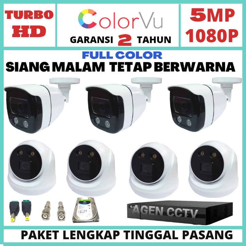 PAKET CCTV COLOR VU 8 CHANNEL 7 KAMERA LENSA 5MP 1080P  GELAP TETAP BERWARNA