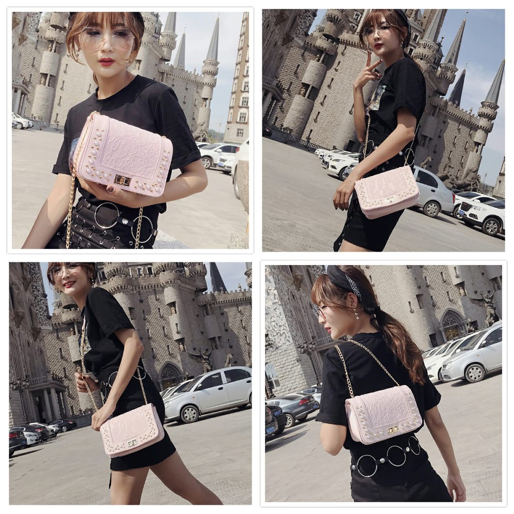 TAS PESTA KULIT PINK MUTIARA TA111P3 RENDA IMPORT BRANDED KOREA SELEMPANG WANITA RANTAI ABG QUERRE