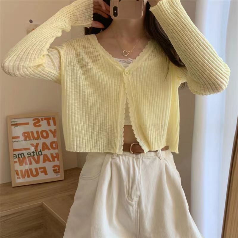 Women Ice Silk Knitted Cardigan V Neck Long Sleeve Cardigan Wanita Lengan Panjang 2657