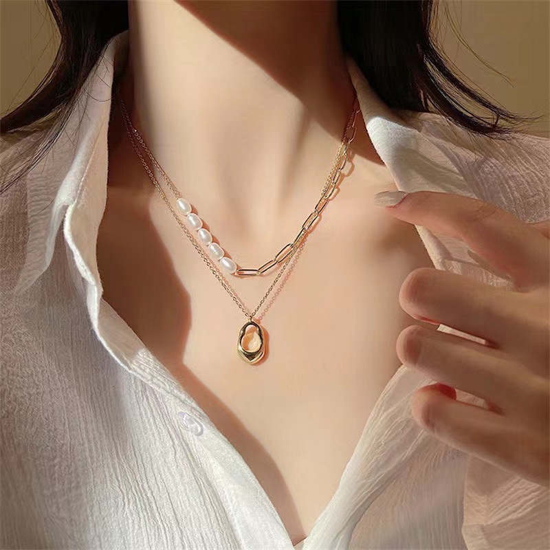 Kalung Rantai Ganda Bahan Alloy Dengan Mutiara Imitasi Untuk Wanita