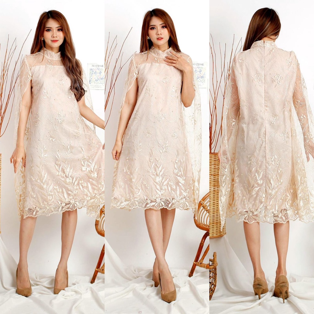 (Pasti RealPict) Dress Gretha Brukat Tile Bordir Gliter Tulle Brokat Dres Pesta Mewah Tille Murah