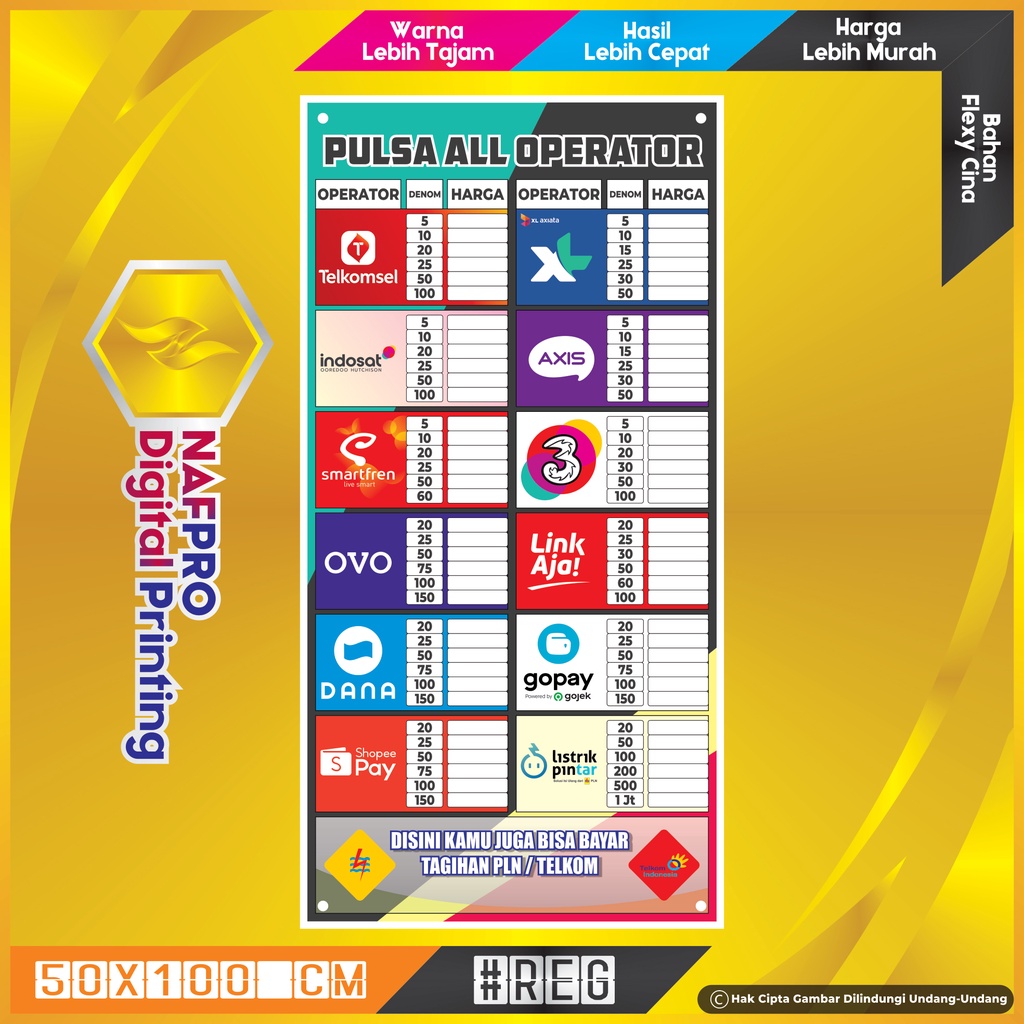 Banner Konter Pulsa Banner Daftar Harga Pulsa Uk. 50x100 cm Hi-Resolution