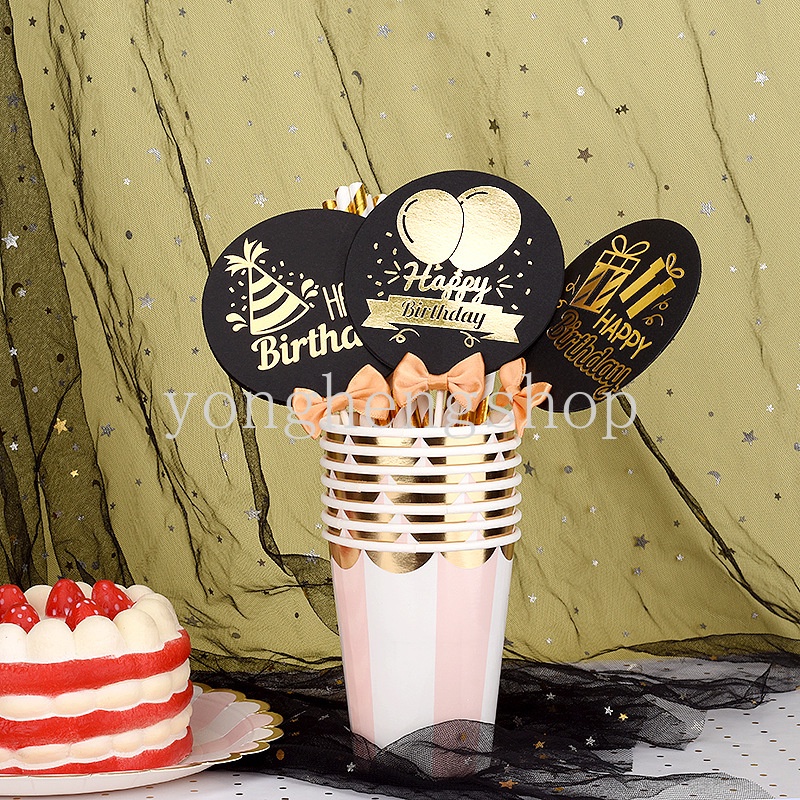 Topper Kue Desain Happy Birthday Warna Hitam Bronzing Untuk Dekorasi Pesta Baby Shower