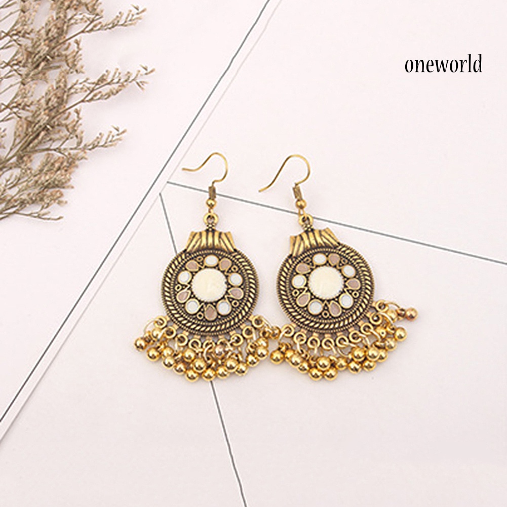 OW@ Women Ethnic Tassel Disc Flower Bead Pendant Long Dangle Hook Earring Jewelry