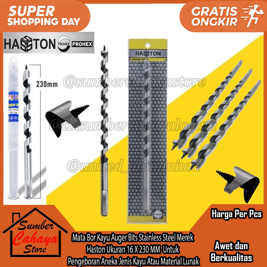 Mata Bor Kayu Auger Bits Stainless Steel Merek  Haston Ukuran 16 X 230 MM  Untuk  Pengeboran Aneka J