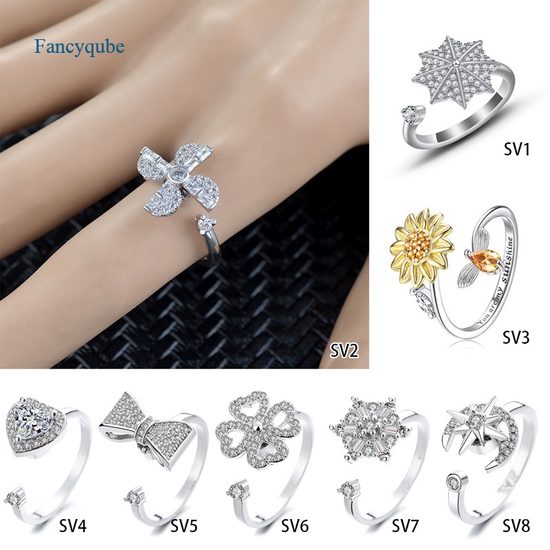 Fancyqube Cincin Jari Anti Stress Bentuk Bunga Matahari Hati Pita Hias Berlian Imitasi Untuk Wanita