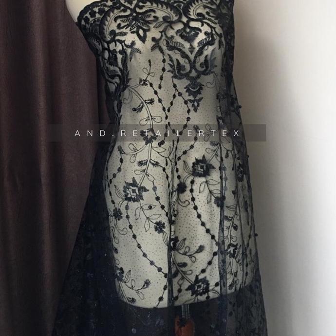 JNT COD Kain Brokat Tile Bordir Mutiara Rosemary Warna Hitam Black [KODE BARANG 100]