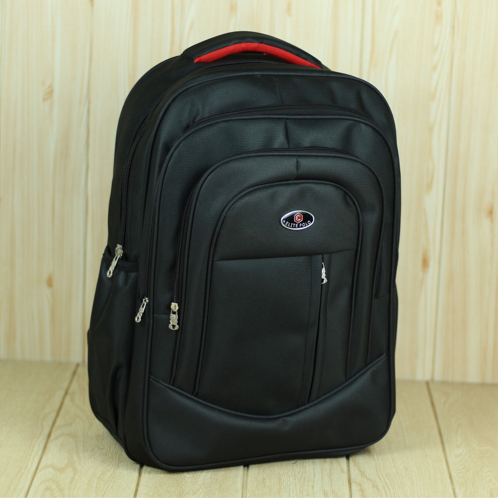 Tas Ransel Elite Polo Resleting Depan Hitam Back Pack Pria Cowok Keren Tas Laptop FREE RAIN COVER