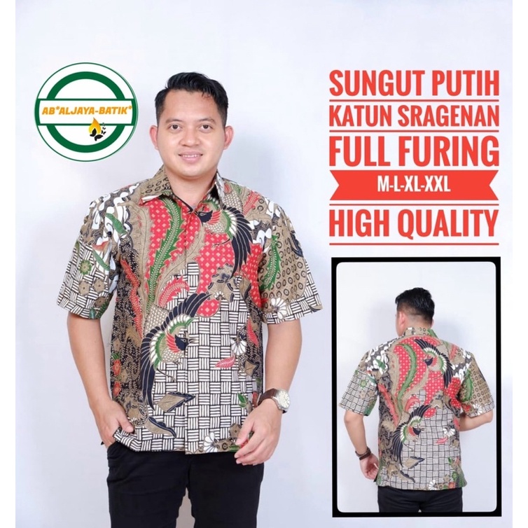 Kemeja Batik Pria SUNGUT PUTIH Full Furing Bahan Katun Halus High Quality