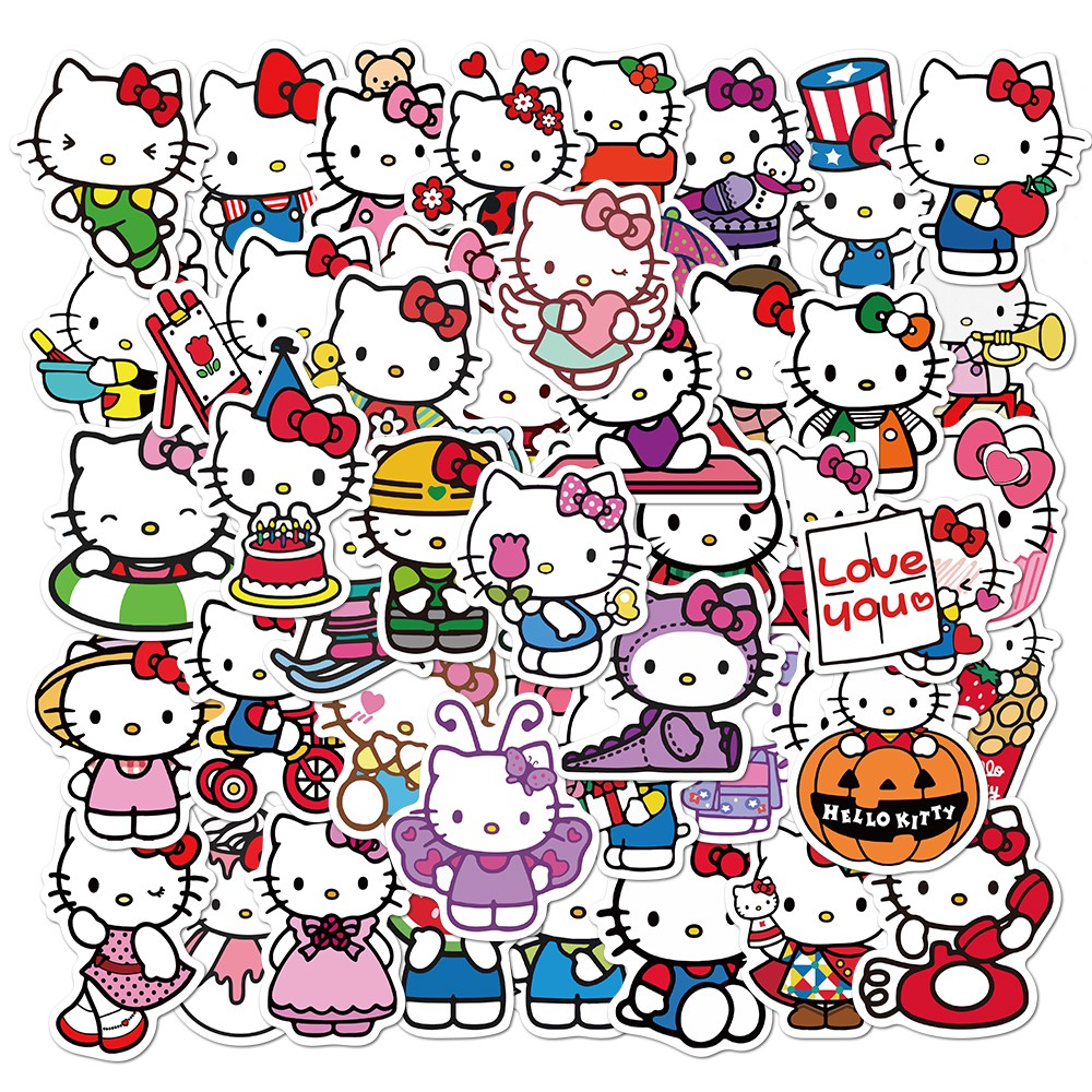 50pcs Stiker Motif Hello Kitty Bahan PVC Untuk Laptop Skateboard Mobil Motor Kulkas