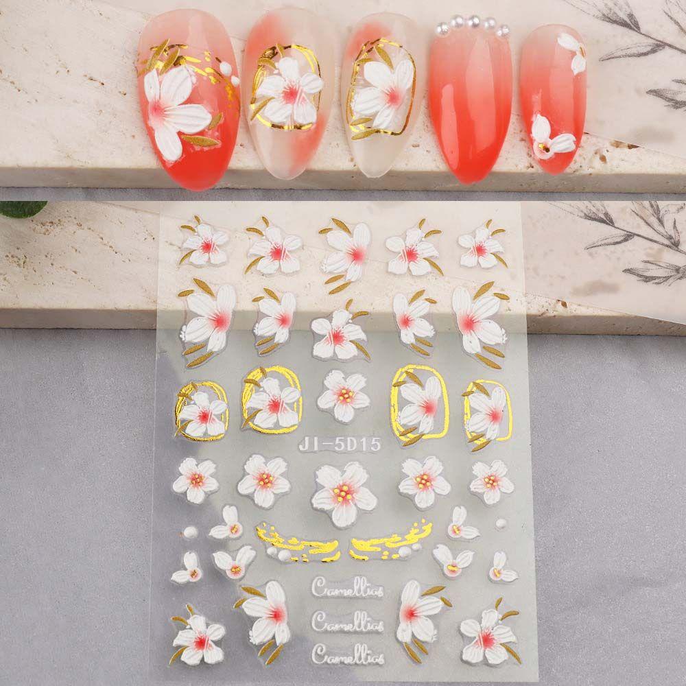 AUGUSTINA Agustina Bunga Stiker Kuku Wanita 5D Relief Alfabet Inggris Daun Self Adhesive Nail Art Dekorasi