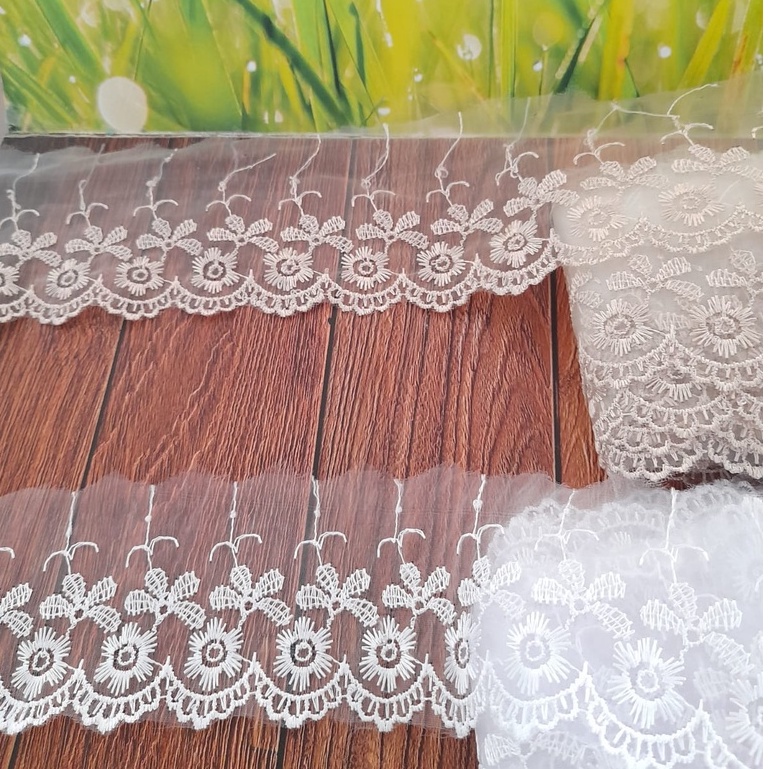 GM RD41 (PER YARD) Renda kaca bordir bunga NUDE coklat susu putih 7cm
