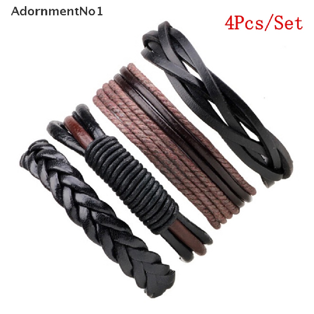 (AdornmentNo1) 4pcs / Set Gelang Tangan Tali Kulit Multilayer Motif Kepang Handmade Untuk Pria