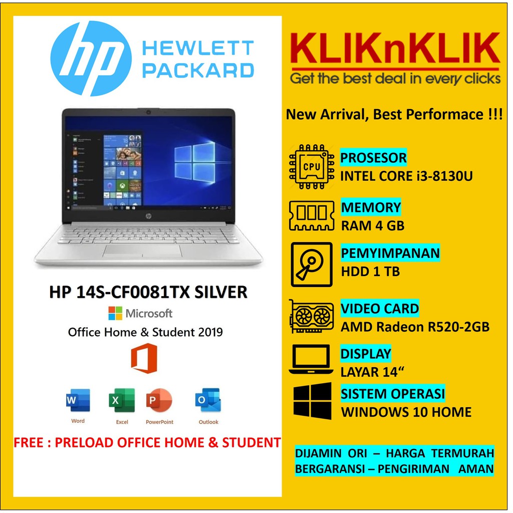 Laptop HP 14S-CF0081TX i3-8130U 4GB 1TB R520-2GB WIN10 FREE OHS SILVER